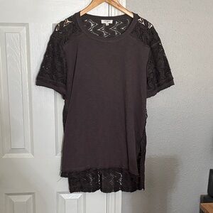 Umgee Charcoal Gray Mixed Fabric High Low T-Shirt Women Medium Oversized Tunic